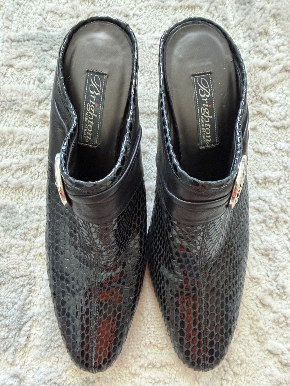 Brighton Black Snakeskin-Pattern Slip-On Mules with Silver Buckle